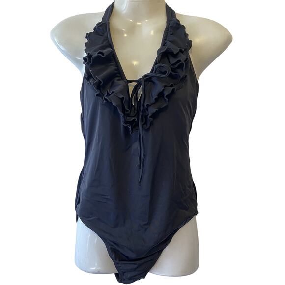 Lisa Curran OnePiece Swimsuit Black HalterNeck Ruffle UnPadded Beach Preppy Sz14 - Picture 1 of 9